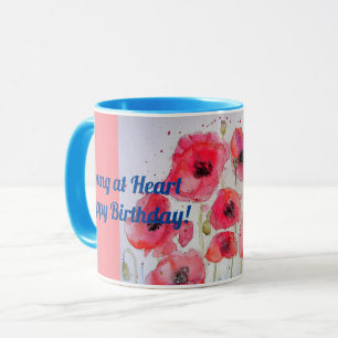 Rote Mohnblumen Jung im Herzen Aquarell-Tasse blau Tasse