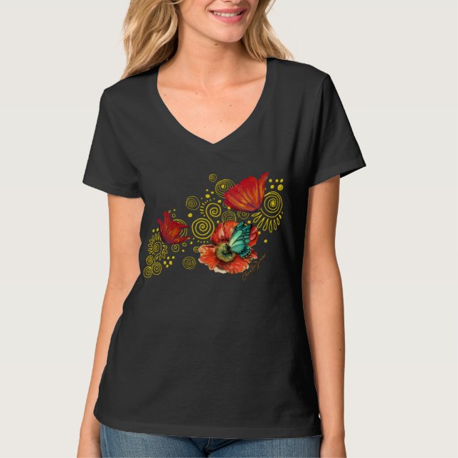 Rote Mohnblumen mit blauem Schmetterling T-Shirt (Vorderseite)