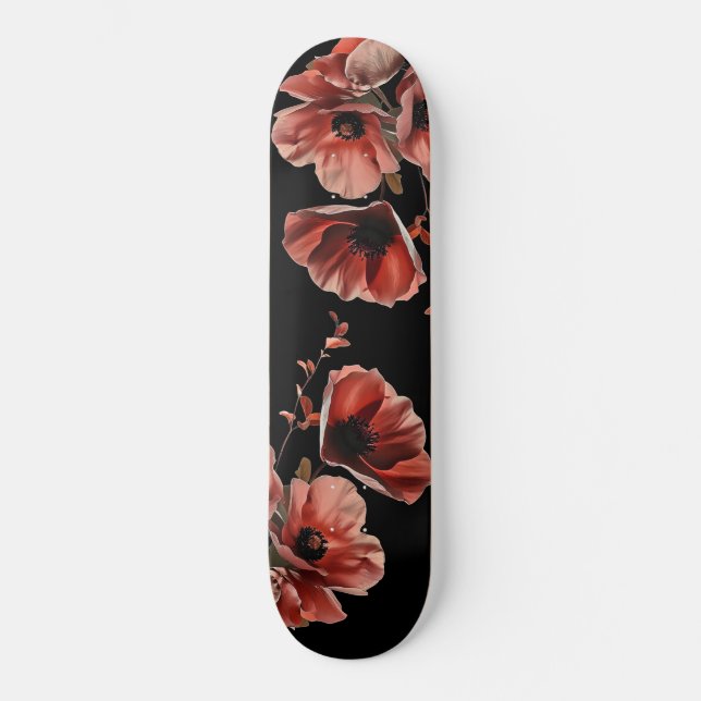 Rote Mohnblumen Schwarz Skateboard (Vorderseite)