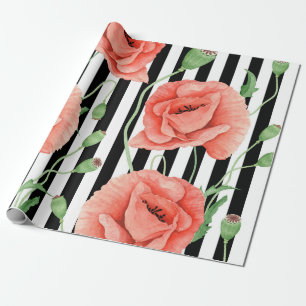 Rote Mohnblumen-schwarze Streifen schick Geschenkpapier