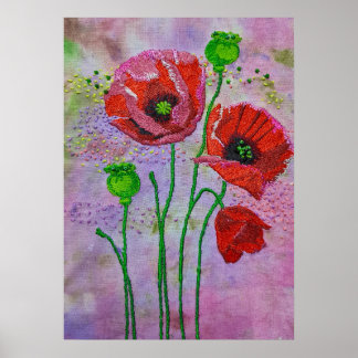 Rote Mohnblumen Textilkunst Druck | Farbenfroh Poster