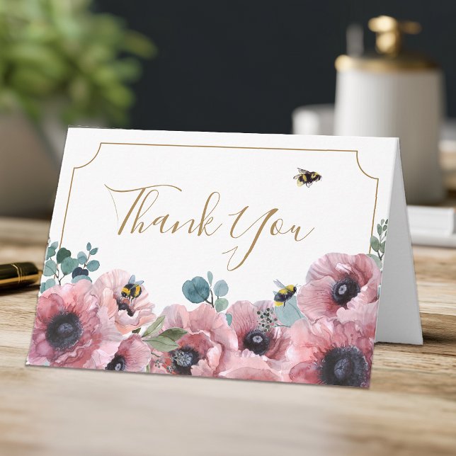 Rote Mohnblumen und Bienen Danke Karte (Pink Floral Thank You Card)