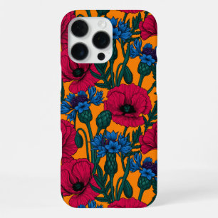 Rote Mohnblumen und blaue Kornblumen auf orangefar iPhone 16 Pro Max Hülle
