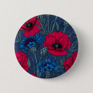 Rote Mohnblumen und blaue Maisblumen auf blau Button