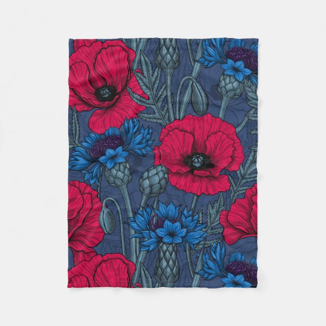 Rote Mohnblumen und blaue Maisblumen auf blau Fleecedecke (Vorderseite)