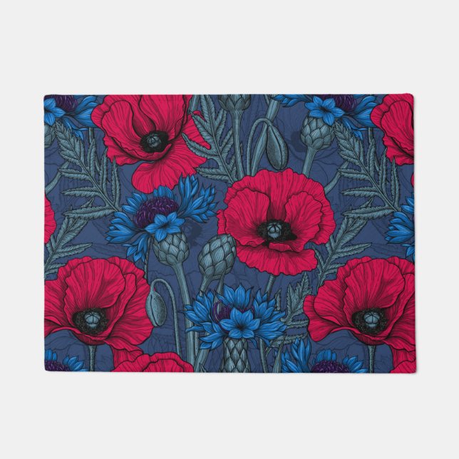 Rote Mohnblumen und blaue Maisblumen auf blau Fußmatte (Vorderseite)