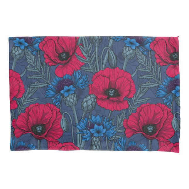Rote Mohnblumen und blaue Maisblumen auf blau Kissenbezug (Vorderseite)