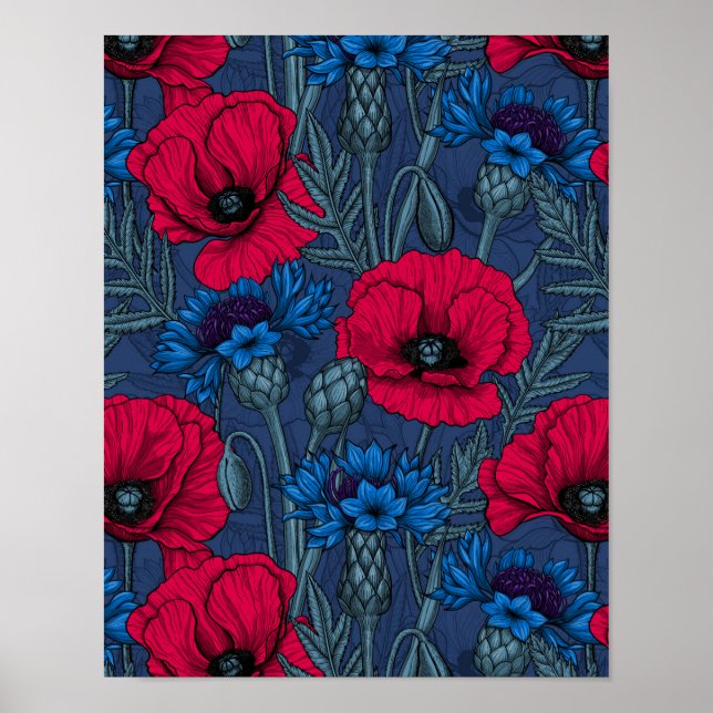 Rote Mohnblumen und blaue Maisblumen auf blau Poster (Vorne)