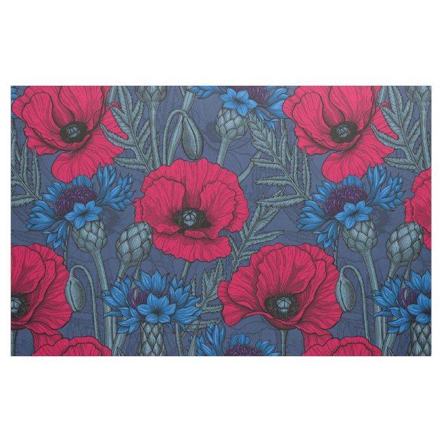 Rote Mohnblumen und blaue Maisblumen auf blau Stoff (Fat Quarter (45,7 x 55,9 cm))
