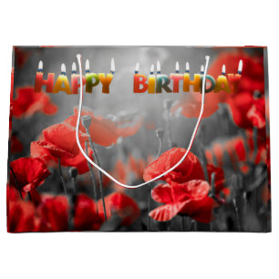 Rote Mohnblumen und Happy Birthday Kerzen   Große Geschenktüte