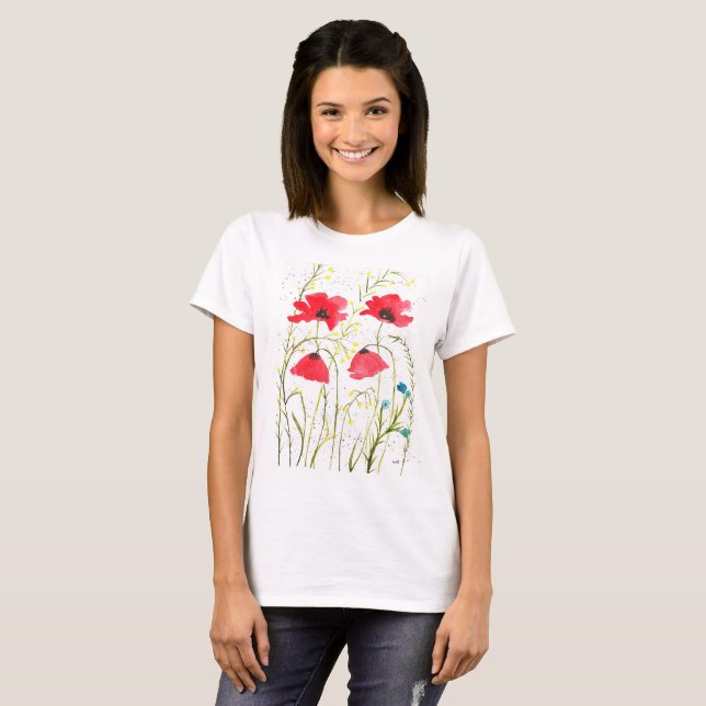 Rote Mohnblumen-Wildblumen Blume T-Shirt (Vorne ganz)