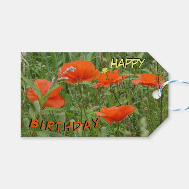 Rote Mohnblumen Wilde Blumen Glücklicher Geburtsta Geschenkanhänger (Vorderseite (Horizontal))