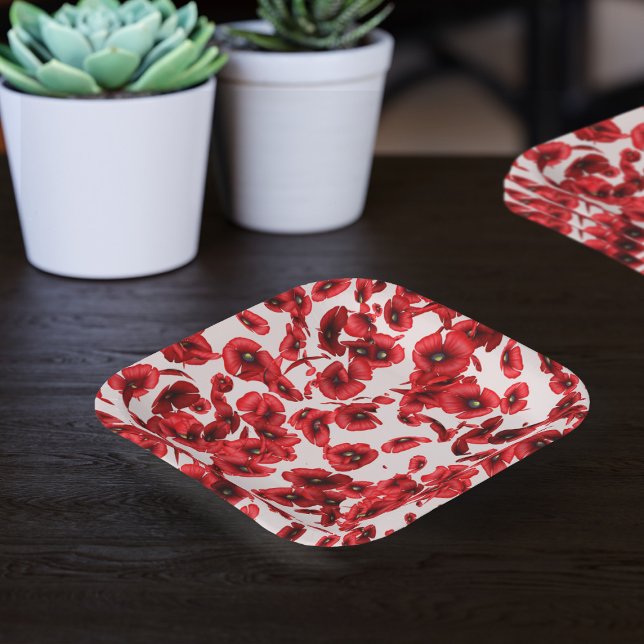Rote Mohnblüte Blume Kaskadieren Poppies Pappteller (A poppy pattern paper plate for you to pop your popcorn on. Perfect for poppy parties and picnics)