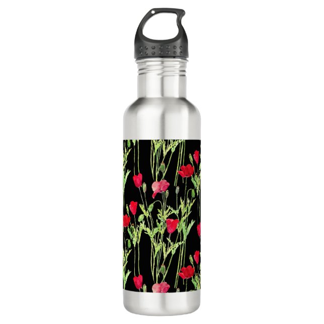 Rote Mohnblüte, Sommerwiese, wilde Blume Edelstahlflasche (Vorderseite)