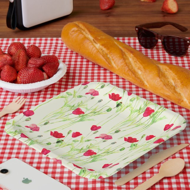 Rote Mohnblüte, Sommerwiese, wilde Blume Pappteller (Picknick)