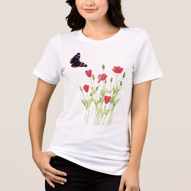 Rote Mohnblüten, Admiral-Schmetterling-T - Shirt (Vorderseite)