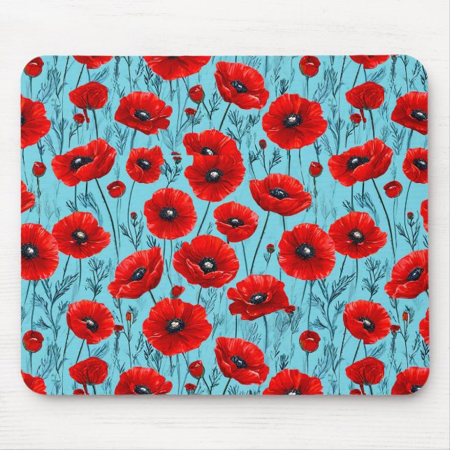 Rote Mohnblüten auf blauem Hintergrund Mousepad (Vorne)