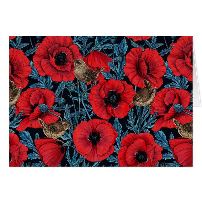 Rote Mohnblüten, blaue Blätter auf schwarz (Vorderseite (Horizontal))