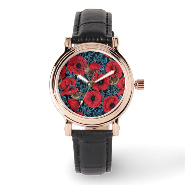 Rote Mohnblüten, blaue Blätter auf schwarz Armbanduhr (Vorderseite)