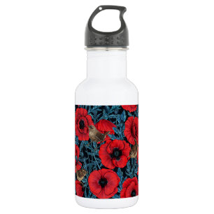 Rote Mohnblüten, blaue Blätter auf schwarz Edelstahlflasche