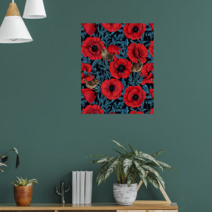 Rote Mohnblüten, blaue Blätter auf schwarz Poster