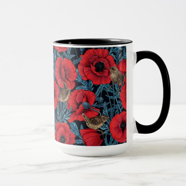 Rote Mohnblüten, blaue Blätter auf schwarz Tasse (Rechts)