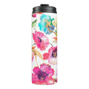 Rote Mohnblüten und Blumen mit Schmetterlingen, w Thermosbecher