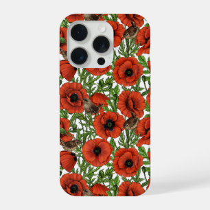 Rote Mohnblüten und Garne, grüne Blätter auf Weiß iPhone 15 Pro Hülle