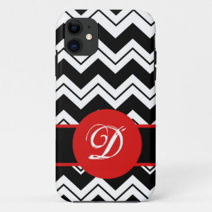 Rote Monogramm-Initiale Schwarz-weißes Zickzack iPhone 11 Hülle