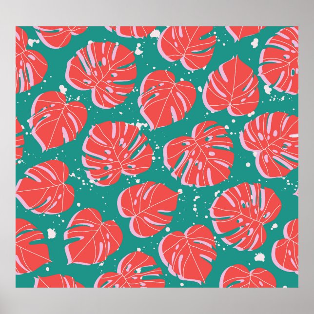 Rote Monstera: tropisches Muster Poster (Vorne)