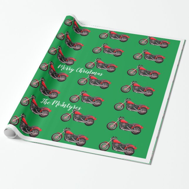 Rote Motorräder für grünes Weihnachtswrapping Geschenkpapier (Ungerollt)