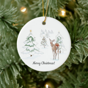 Rote Nase Deer im Snowy Wood Holiday Keramik Ornament