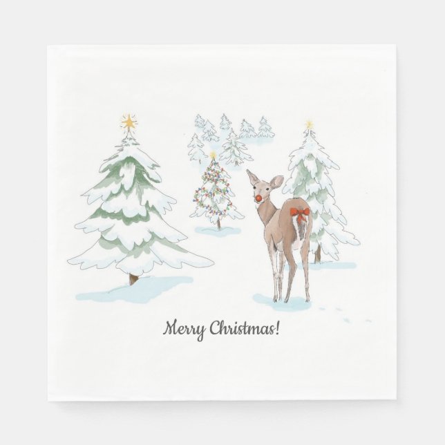 Rote Nase Deer im Snowy Wood Holiday Paper Serviette (Vorderseite)