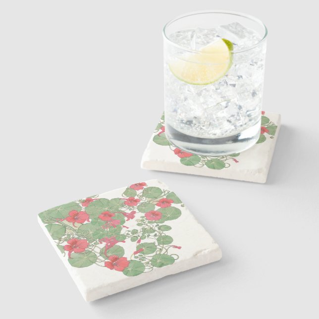 Rote Nasturtien | Antiker Lithograph 1896 Steinuntersetzer (Seitenansicht)