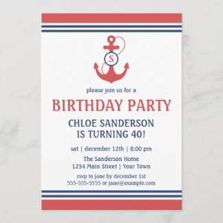 Rote Nautische Geburtstagspartei Einladungen mit A