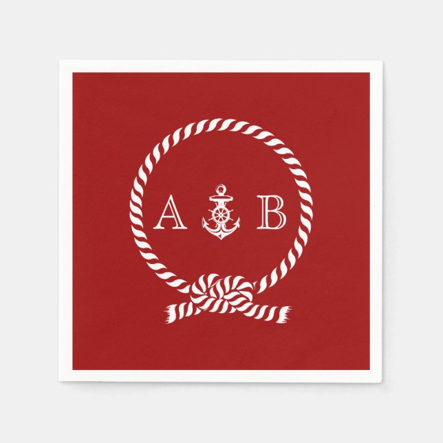 Rote Nautische Seile und Anker Mit Monogramm Serviette (Vorderseite)