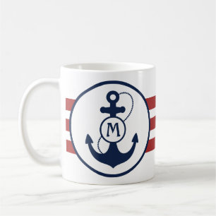 Rote nautische Streifen mit Anker und Monogramm Tasse