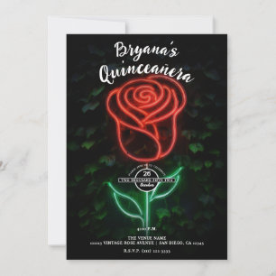 Rote Neonlicht leuchtende Rose Efeu 15 Quinceañera Einladung