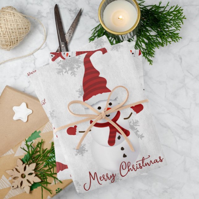 Rote Niedliche Schneemann-Wrapping Paper Sheets Geschenkpapier Set (Red Cute Snowman Wrapping Paper Sheets)