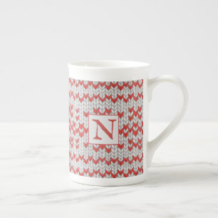 ROTE NORDISCHE STRICK Bone China Tasse + Initiale