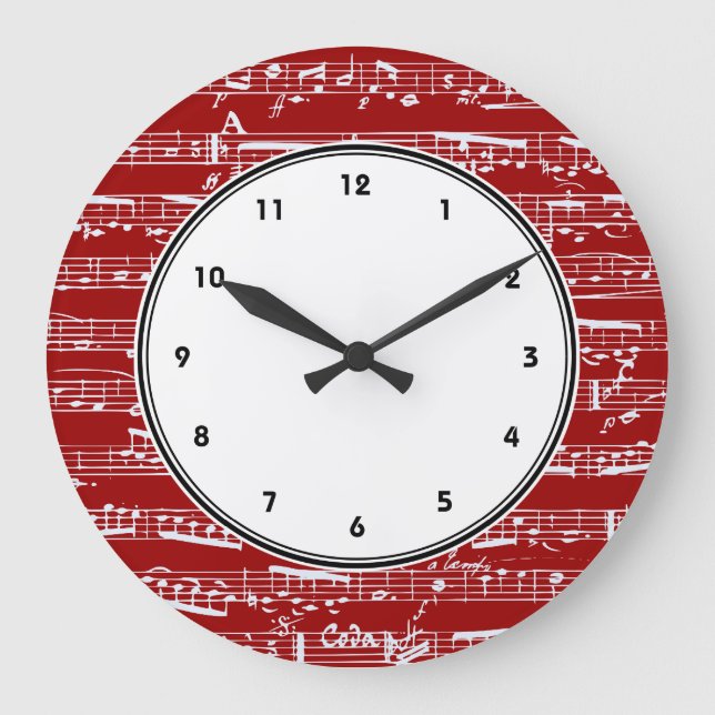 Rote Notenuhr mit Zahlen Große Wanduhr (Vorderseite)