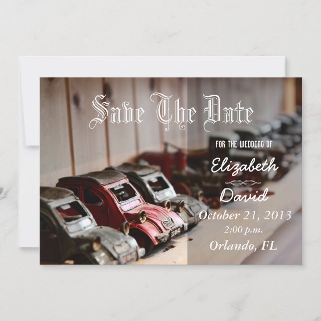 Rote Oldtimer retten das Datum Save The Date (Vorderseite)