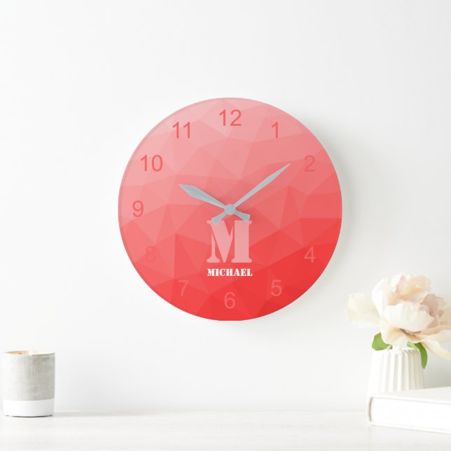 Rote ombre Geometrie Mesh Muster Monogramm Große Wanduhr (Zuhause)