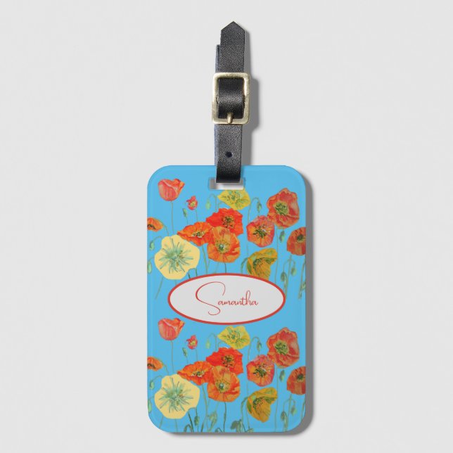 Rote Orange Mohn Mohnblumen floral Blau Mädchen Na Gepäckanhänger (Vorderseite Vertikal)