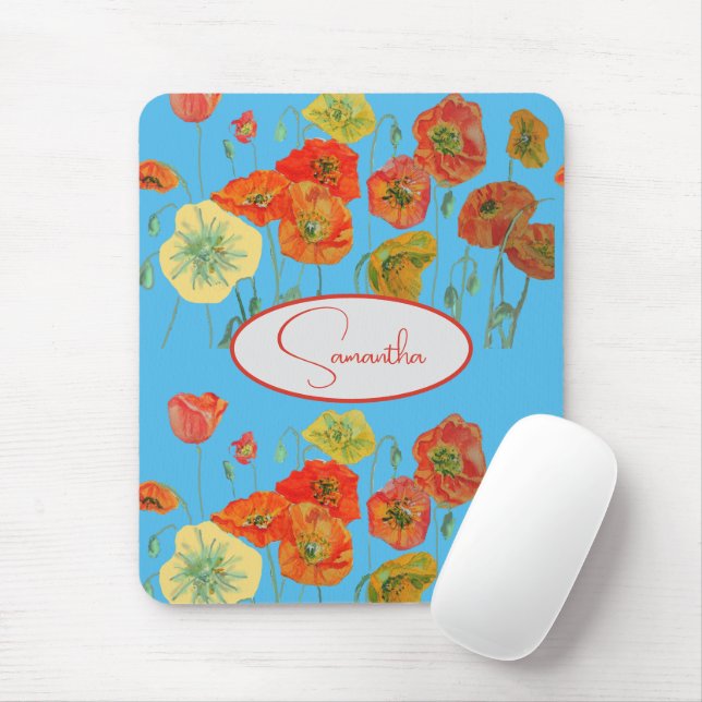 Rote Orange Mohn Mohnblumen floral Blau Mädchen Na Mousepad (Mit Mouse)