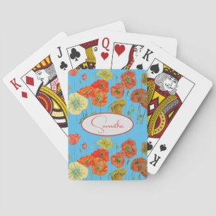 Rote Orange Mohn Mohnblumen floral Blau Mädchen Na Spielkarten