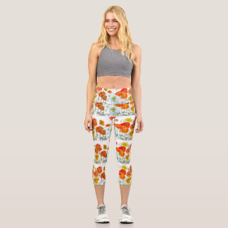 Rote Orange Mohnblume Aquarell Mohnblumen Capri Leggings