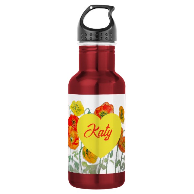 Rote Orange Mohnblume Aquarell Mohnblumen Edelstahlflasche (Vorderseite)
