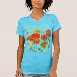 Rote Orange Mohnblume Blumen Wasserfarbe Aqua Kuns T-Shirt