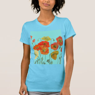 Rote Orange Mohnblume Floral Wasserfarbe Aqua Kuns T-Shirt